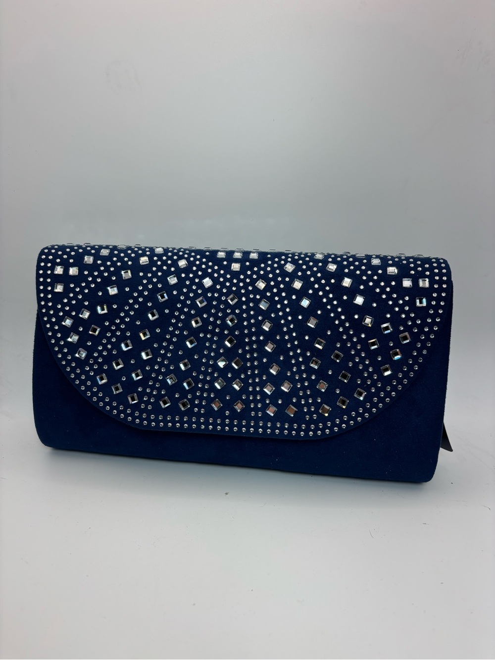 Kendall & James NWT Velvety Rhinestone Navy Evening Clutch with Silver Chain